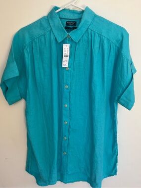 NWT JCREW Baird McNutt turquoise blue relaxed linen shirt M